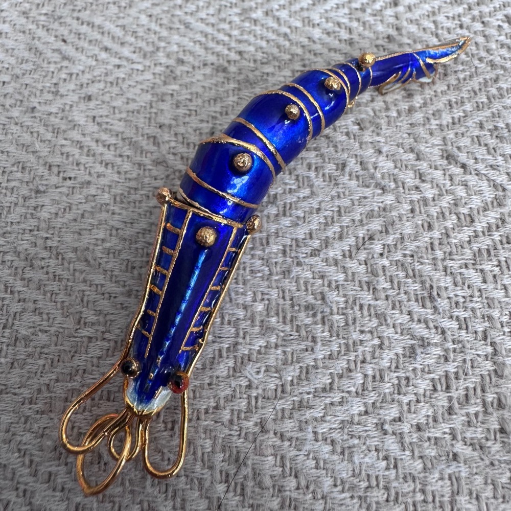 Vintage Blue Enamel Articulated‎ Shrimp Prawn Charm Pendant Gold Tone 3.25 Inch